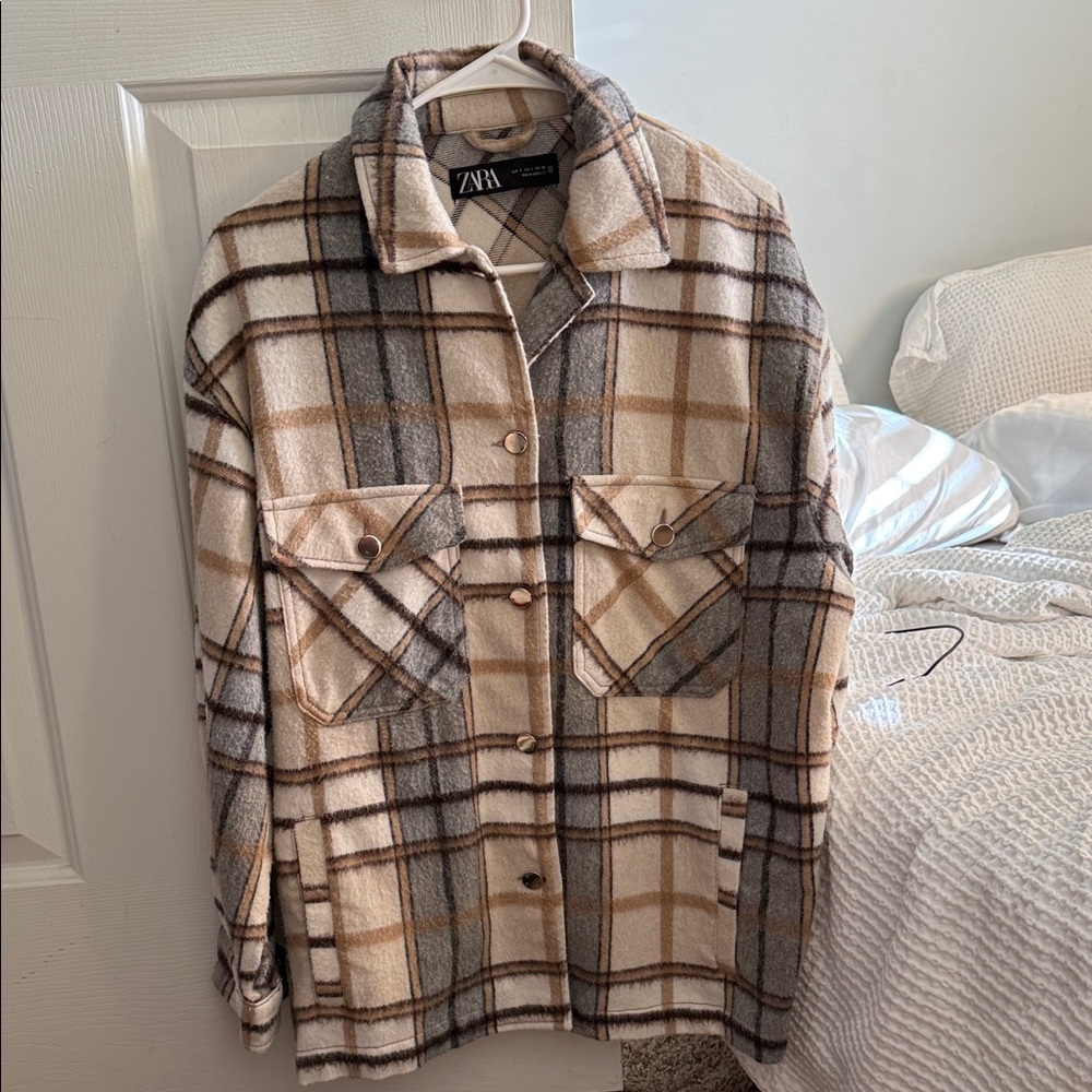 Zara Women's Checkered Flannel Utility Jacket - Cream, Gray, Tan